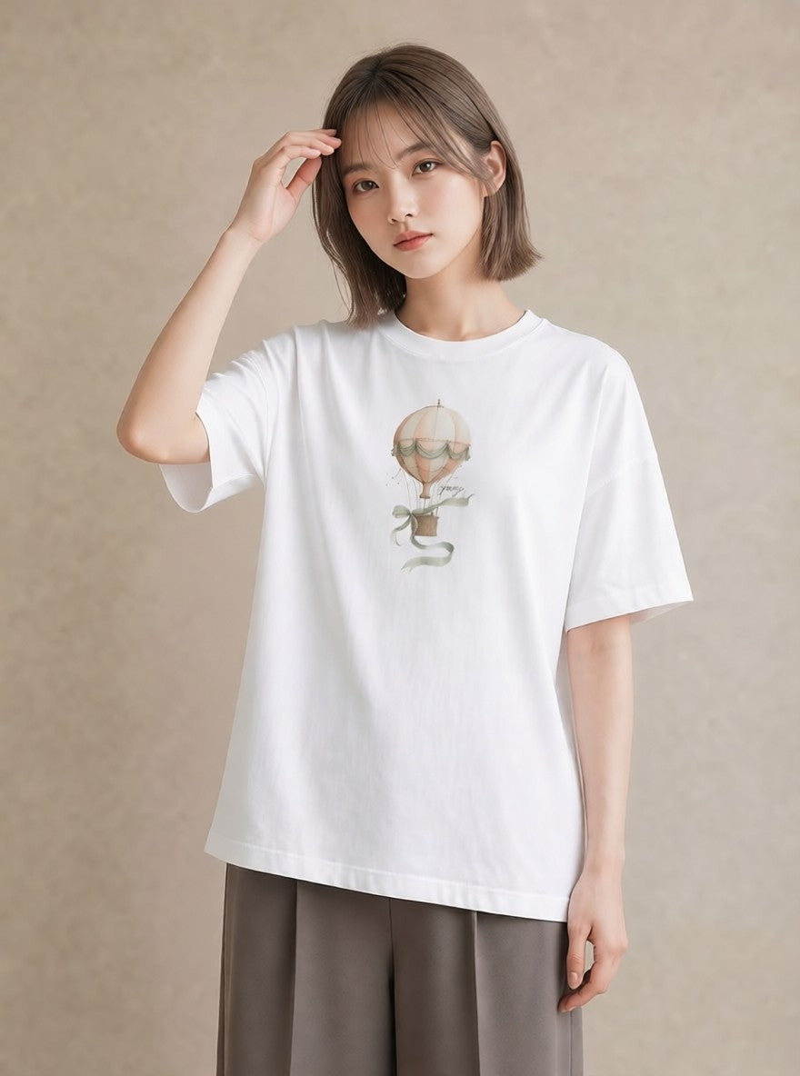 プリントTシャツ レディース 紙風船 和紙 ナチュラル アンティーク イラスト きれいめカジュアル 夏コーデ 通学 白T YMAZO