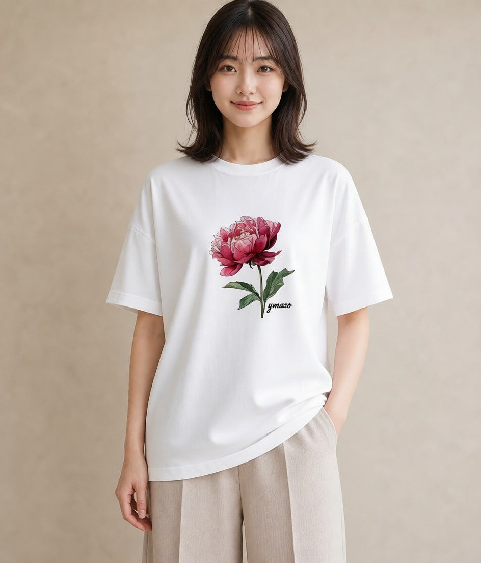 プリントTシャツ レディース 牡丹 花 花柄 イラスト 休日コーデ 部屋着 女性向けギフト 白T
