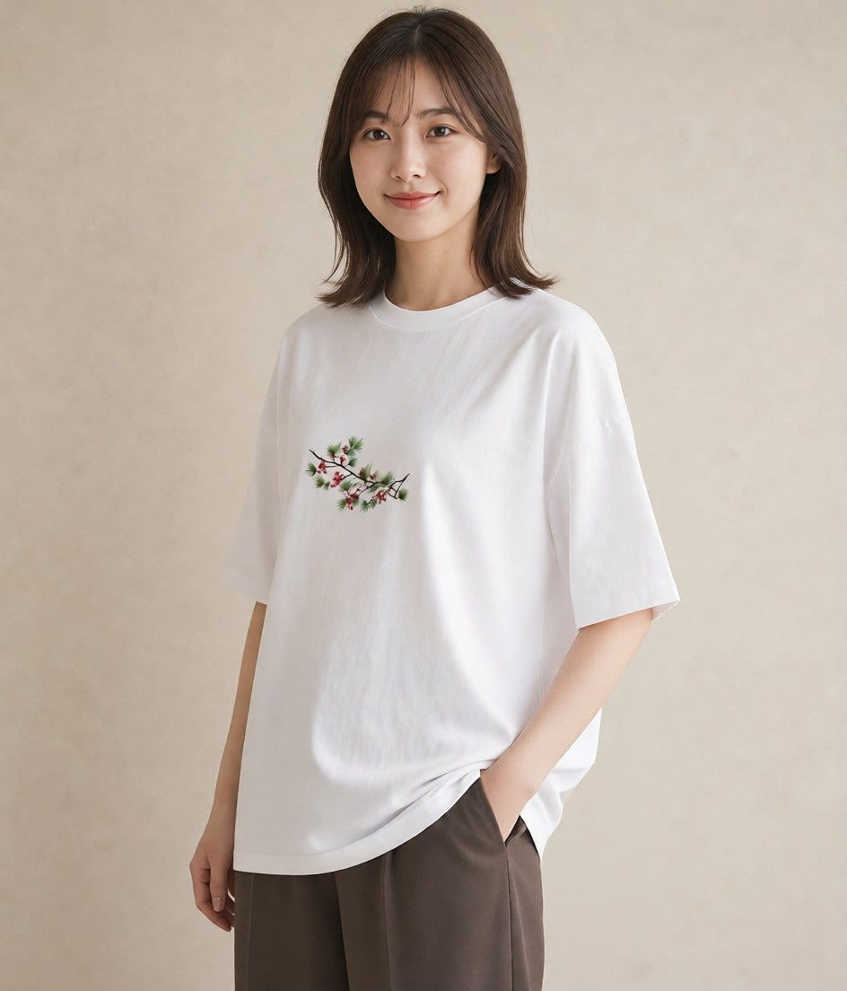 グラフィックTシャツ レディース 松ぼっくり 植物 ボタニカル イラスト きれいめ 母娘コーデ 自分用 白T YMAZO