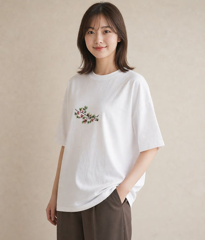 グラフィックTシャツ レディース 松ぼっくり 植物 ボタニカル イラスト きれいめ 母娘コーデ 自分用 白T YMAZO