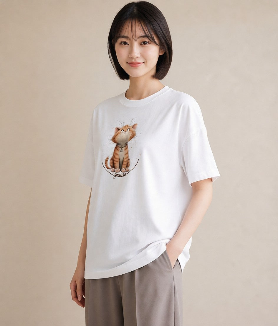 半袖Tシャツ レディース ねこ 猫 ネコ イラスト ゆるコーデ 女性向けギフト 散歩 白T YMAZO