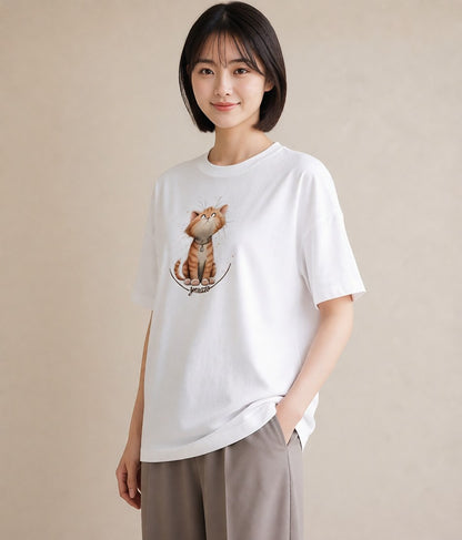 半袖Tシャツ レディース ねこ 猫 ネコ イラスト ゆるコーデ 女性向けギフト 散歩 白T YMAZO