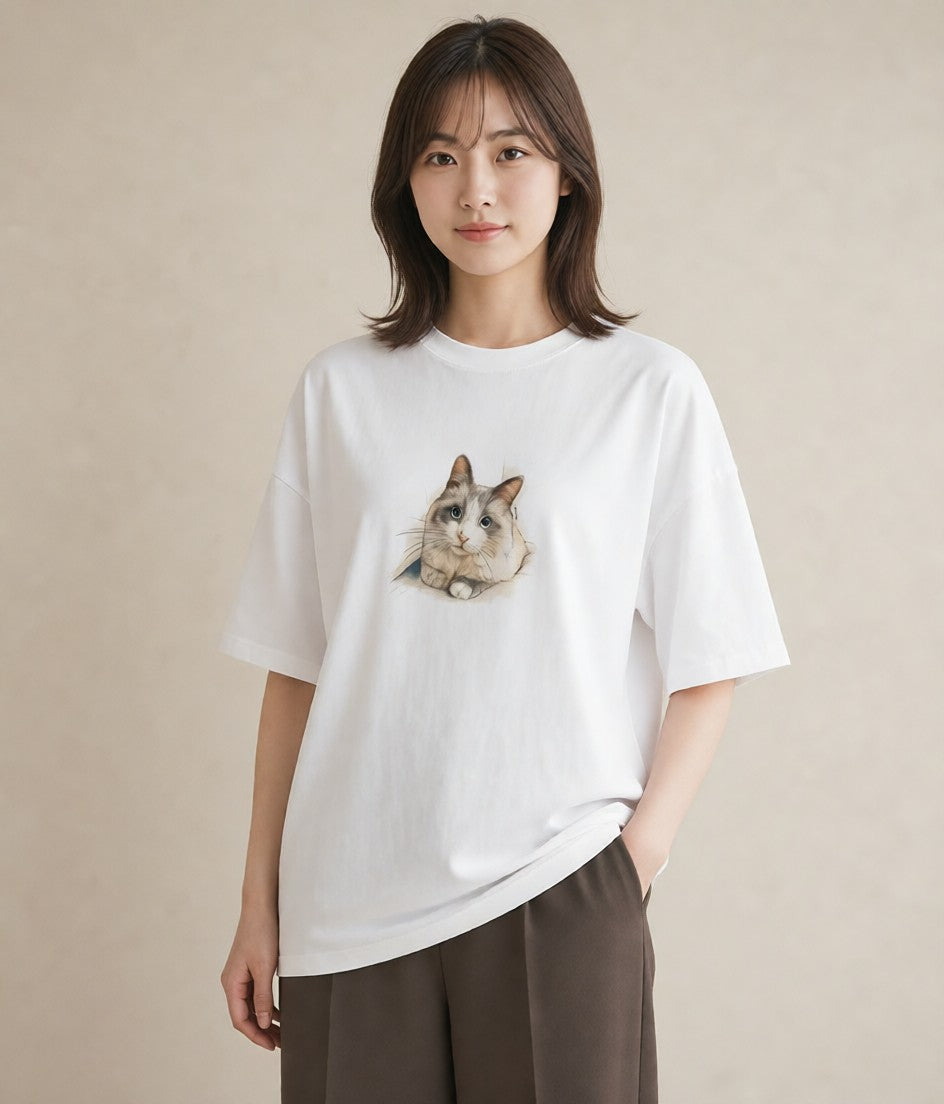 デザインTシャツ レディース ペルシャ 猫 ねこ イラスト ニュアンス 普段着 週末コーデ 白T YMAZO