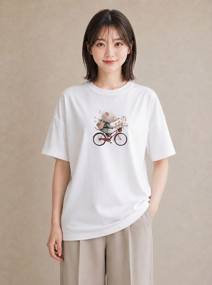 半袖Tシャツ レディース 自転車のかご 自転車 花かご ナチュラル アンティーク イラスト 韓国風 公園 ママ 白T YMAZO