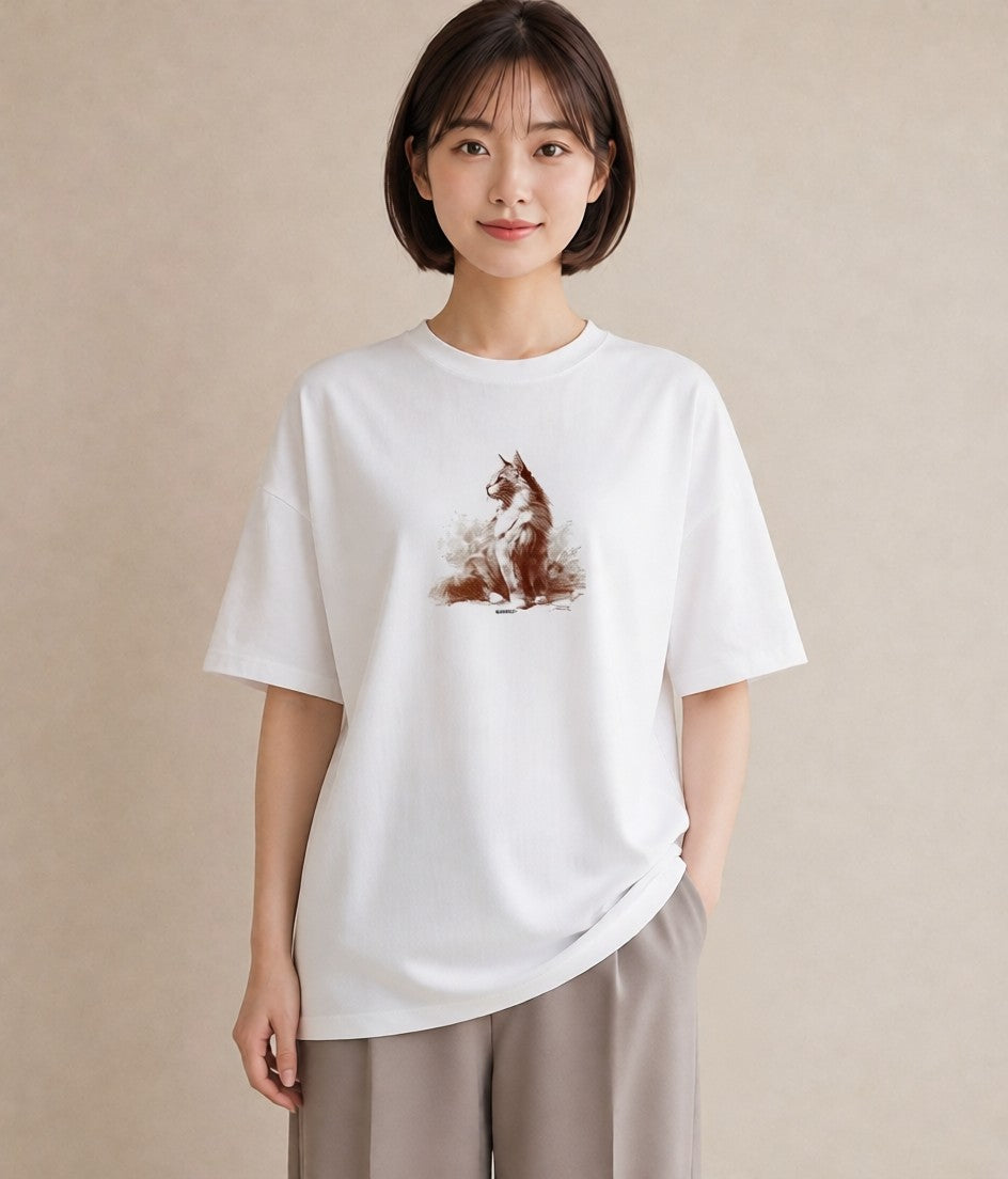 デザインTシャツ レディース 猫 ねこ イラスト 抜け感 通勤 在宅 白T YMAZO