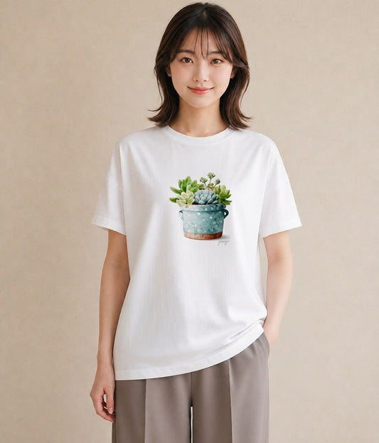 デザインTシャツ レディース 多肉植物 植物 ボタニカル イラスト フェミニン 海 カフェ巡り 白T YMAZO
