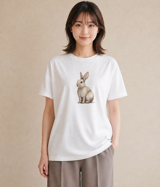 半袖Tシャツ レディース ネザーランドドワーフ ペット 動物 イラスト 手描き風 社会人 女性 白T YMAZO
