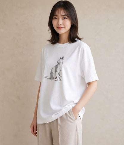 半袖Tシャツ レディース 白猫 猫 ねこ イラスト 抜け感 海 カフェ巡り 白T YMAZO
