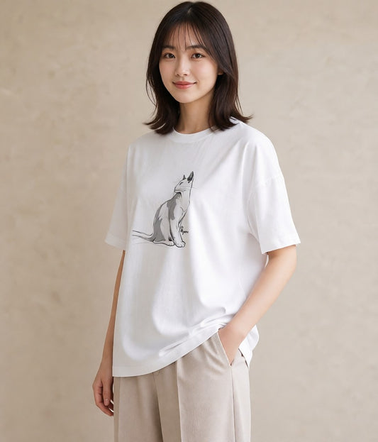 半袖Tシャツ レディース 白猫 猫 ねこ イラスト 抜け感 海 カフェ巡り 白T YMAZO