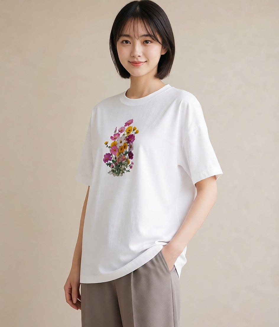 半袖Tシャツ レディース コスモス 秋桜 花 花柄 イラスト ゆるかわ お出かけ 普段着 白T YMAZO