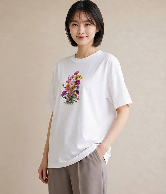 半袖Tシャツ レディース コスモス 秋桜 花 花柄 イラスト ゆるかわ お出かけ 普段着 白T YMAZO