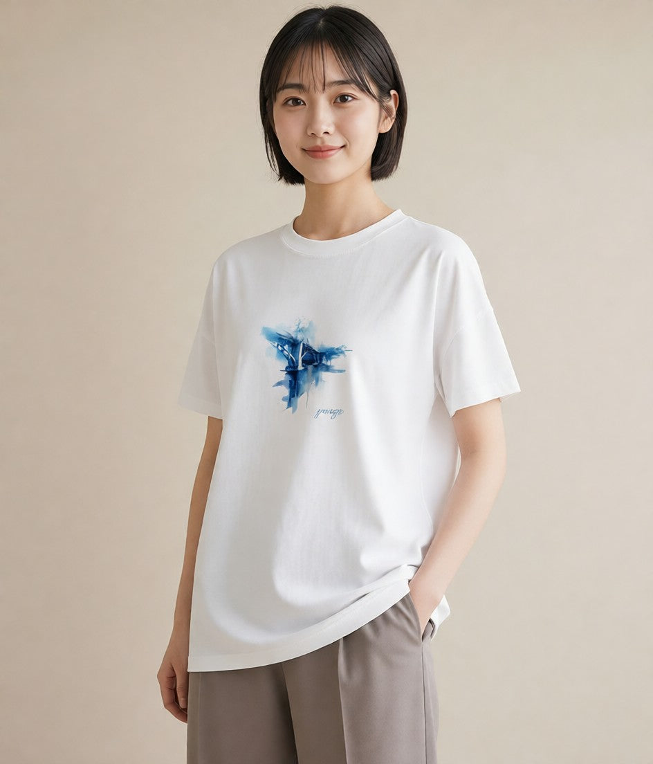 デザインTシャツ レディース 小川 橋 せせらぎ ナチュラル アンティーク イラスト 休日コーデ 女性 旅行用 白T YMAZO