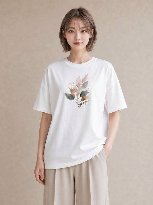 デザインTシャツ レディース 落ち葉 植物 ボタニカル イラスト フェミニン カフェ巡り 女子会 白T YMAZO