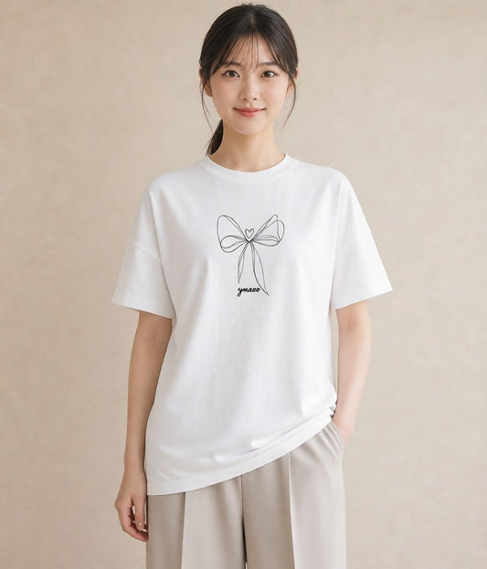 Tシャツ レディース リボン ボウ りぼん イラスト 線画 夏コーデ 通学 白T YMAZO
