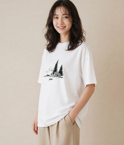 プリントTシャツ レディース 湖畔の小屋 湖 小屋 ナチュラル アンティーク イラスト きれいめカジュアル 敬老の日 ホワイトデー 白T YMAZO