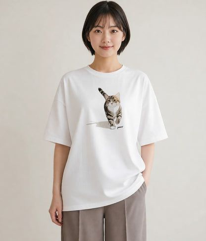 プリントTシャツ レディース しっぽ 猫 ねこ イラスト ミニマル 20代 カジュアルコーデ 白T YMAZO