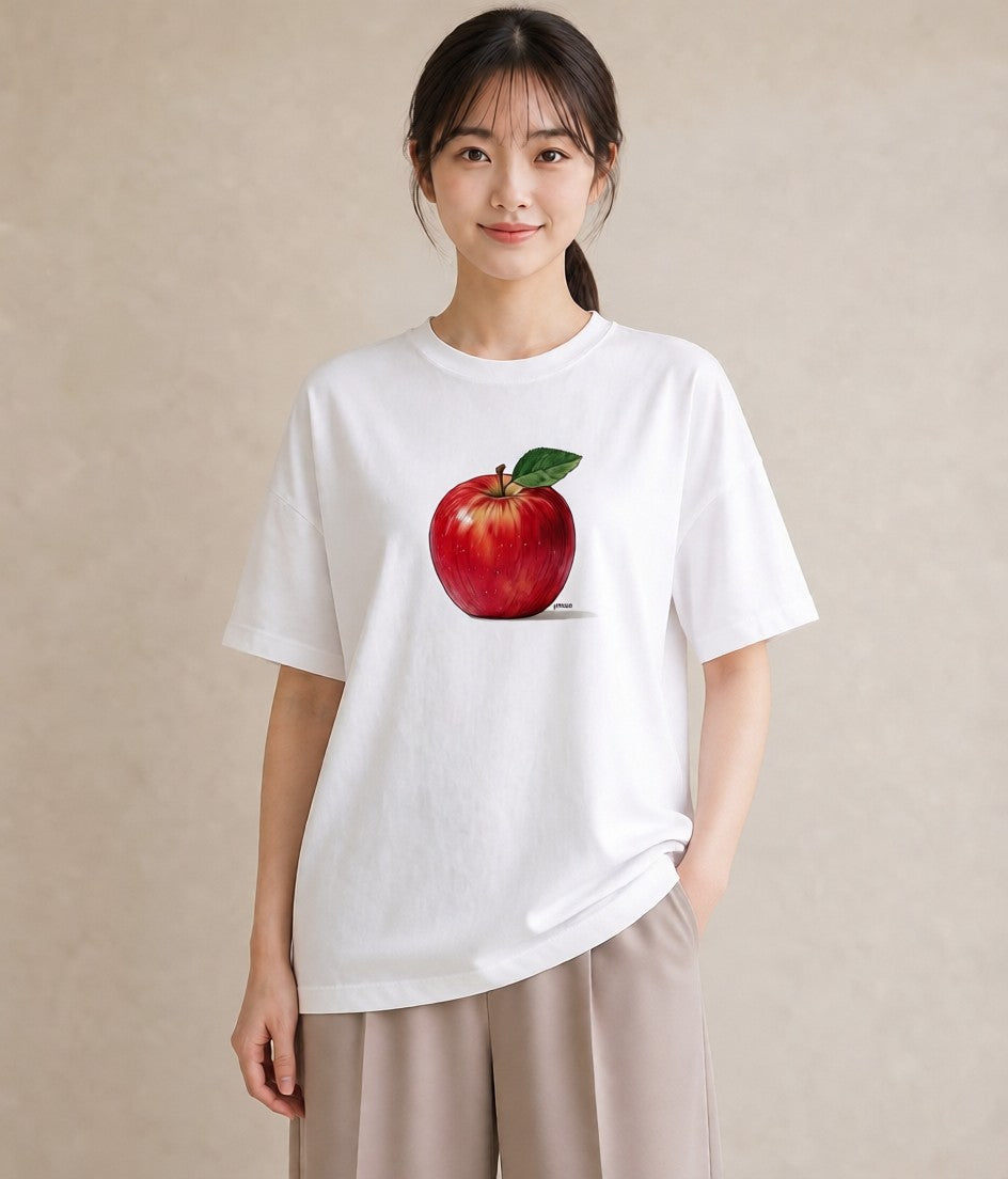 半袖Tシャツ レディース りんご 林檎 アップル 食べ物 フード イラスト レトロ カフェ服 クリスマス 白T YMAZO