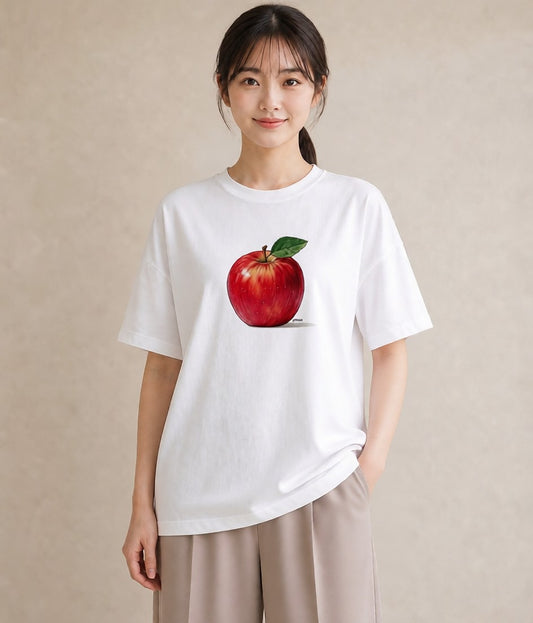 半袖Tシャツ レディース りんご 林檎 アップル 食べ物 フード イラスト レトロ カフェ服 クリスマス 白T YMAZO