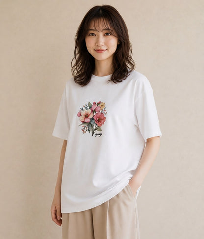 Tシャツ レディース コスモス 秋桜 花 花柄 イラスト ラフカジュアル おしゃれギフト 社会人 白T YMAZO