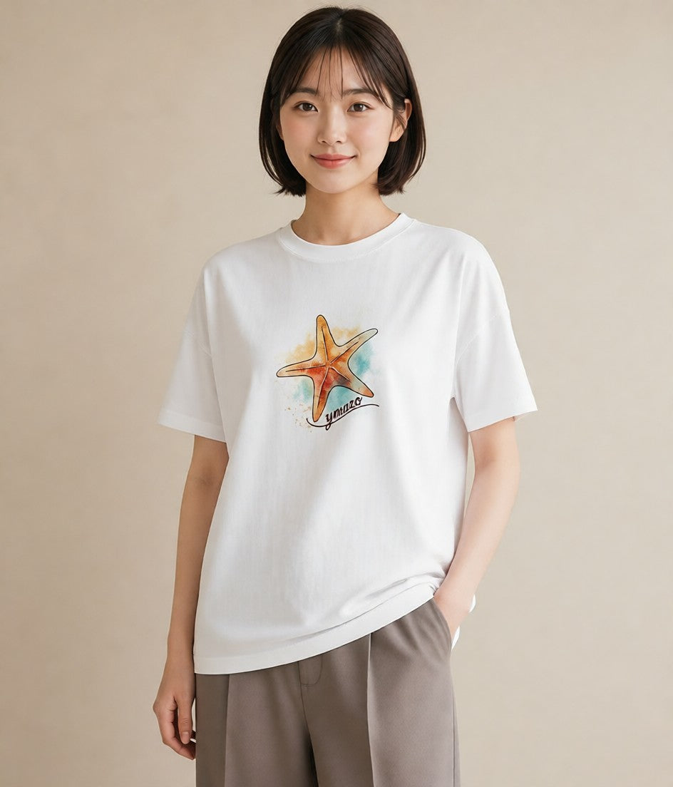 半袖Tシャツ レディース スター 星空 宇宙 イラスト ゆるかわ ラフ レイヤード 白T YMAZO