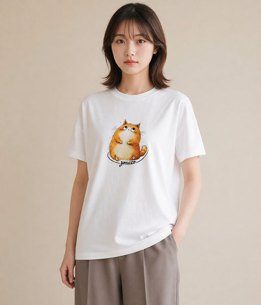 プリントTシャツ レディース 茶トラ 茶猫 猫 ねこ イラスト 淡色 デイリーウェア 休日 白T YMAZO