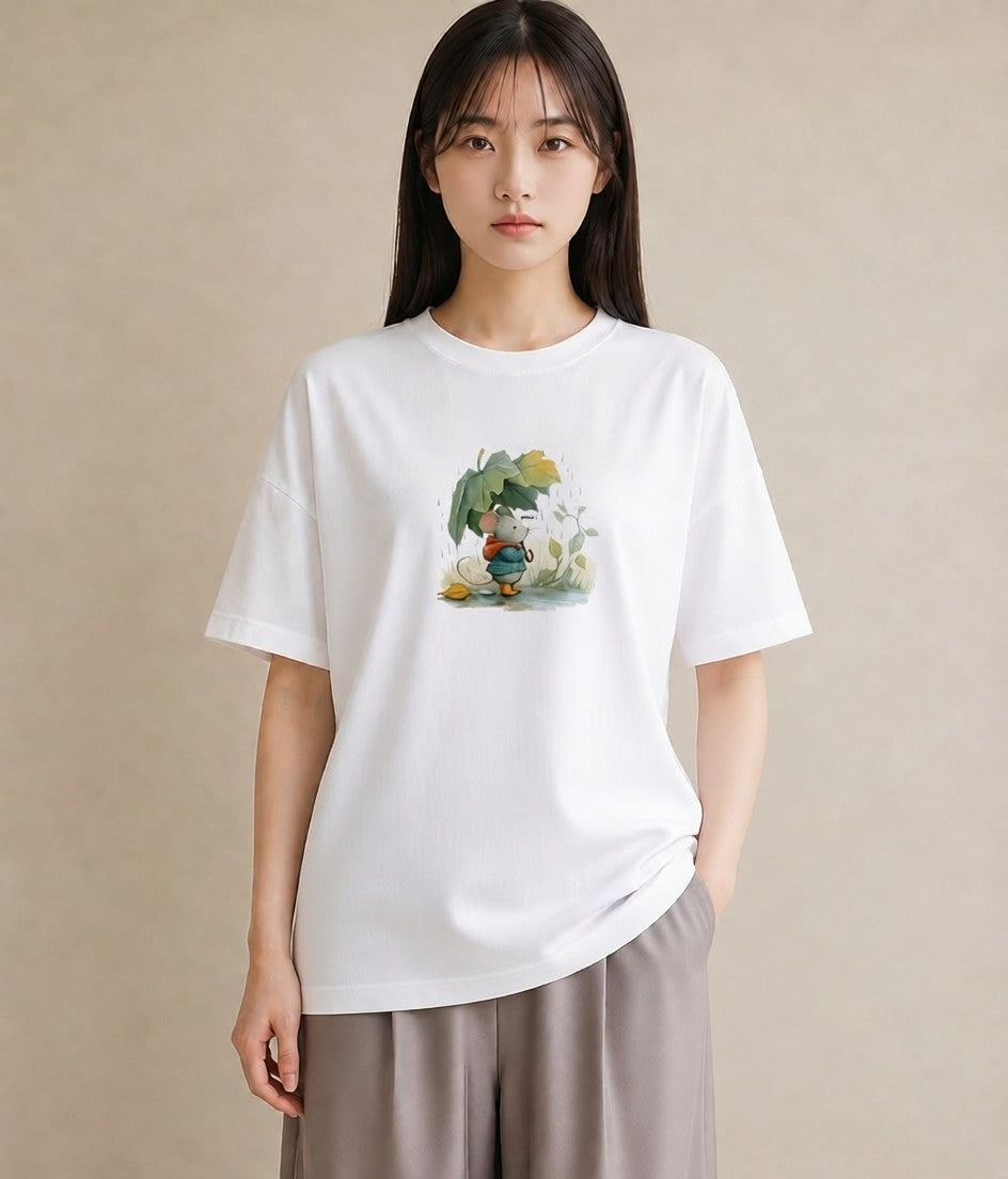 Tシャツ レディース 傘 水たまり 雨 ナチュラル アンティーク イラスト ラフ ホワイトデー 春服 白T YMAZO