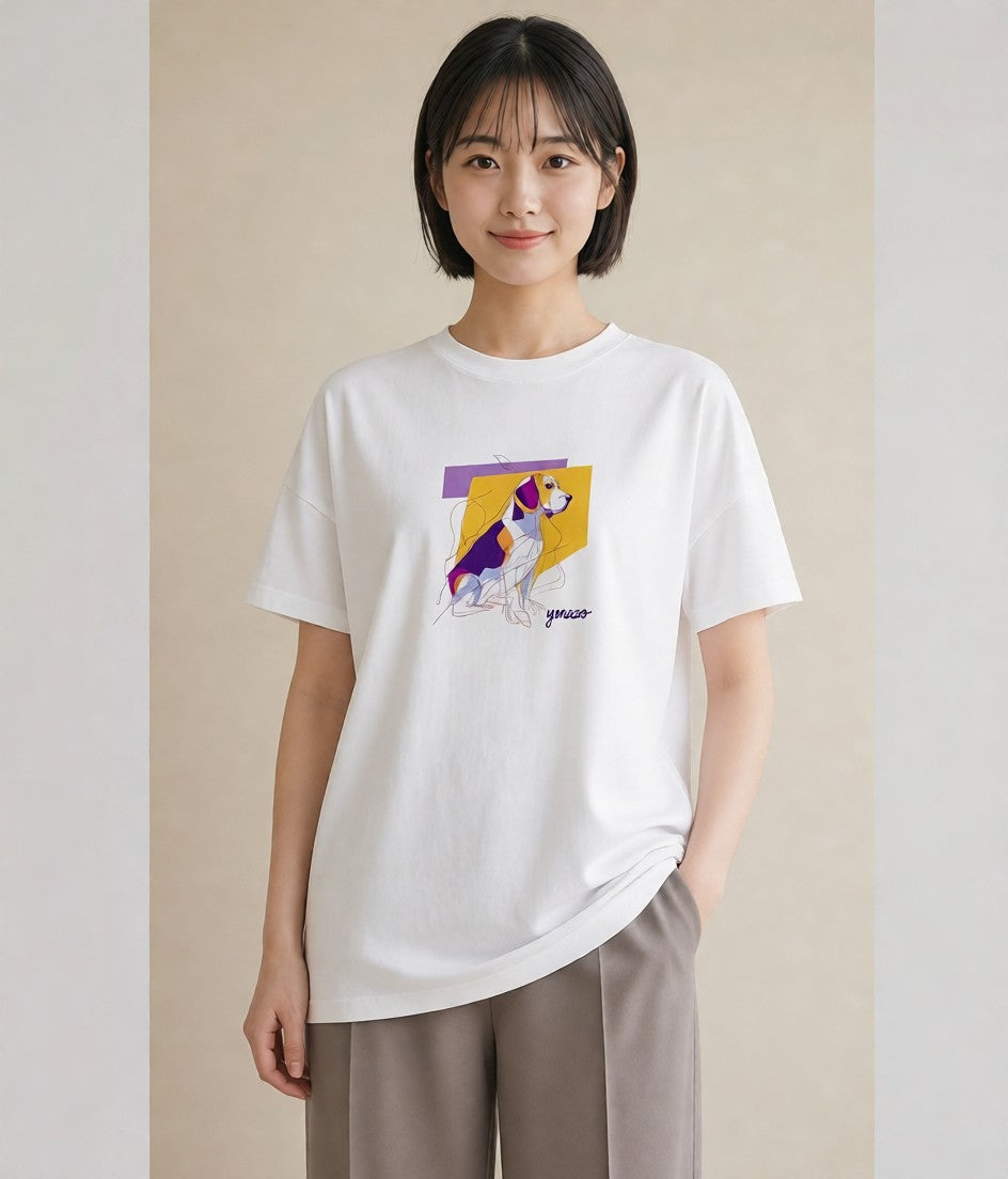 Tシャツ レディース ビーグル 犬 いぬ イラスト ガーリー お出かけ 普段着 白T YMAZO
