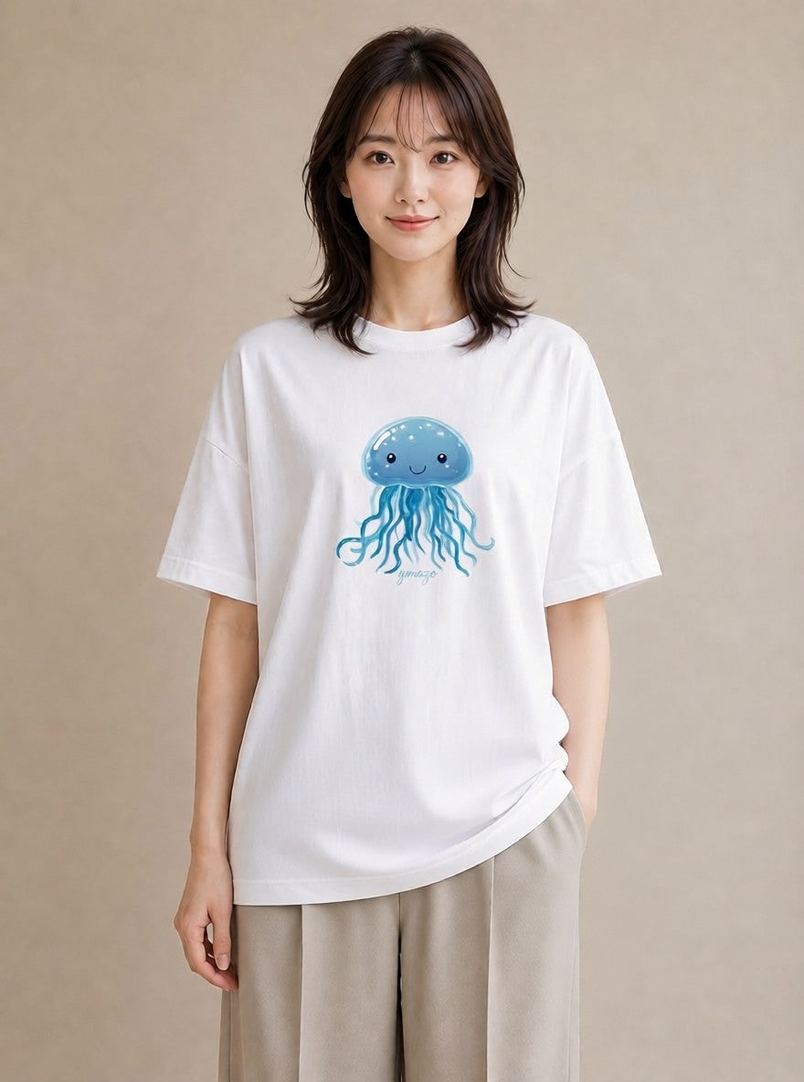 プリントTシャツ レディース くらげ クラゲ 海の生き物 海 イラスト ゆるコーデ 公園 ママ 白T YMAZO