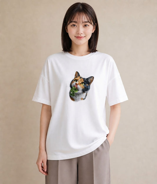 Tシャツ レディース 三毛猫 みけねこ 三毛 猫 ねこ イラスト カフェコーデ 綿100 デート 白T YMAZO