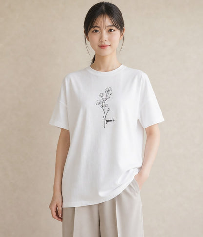 半袖Tシャツ レディース 小花 花 フラワー イラスト きれいめ ルームウェア ギフト 白T YMAZO