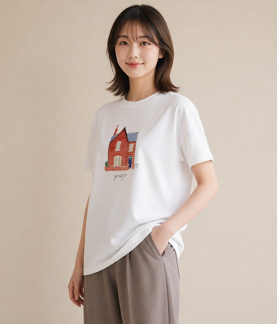 半袖Tシャツ レディース 湖畔の小屋 湖 小屋 ナチュラル アンティーク イラスト ユニーク 母の日 ビーチ 白T YMAZO