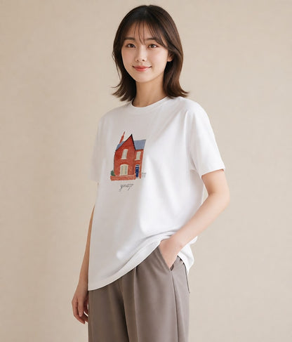半袖Tシャツ レディース 湖畔の小屋 湖 小屋 ナチュラル アンティーク イラスト ユニーク 母の日 ビーチ 白T YMAZO