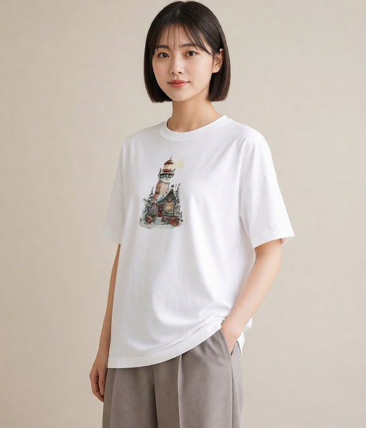 プリントTシャツ レディース 灯台 霧 海 ナチュラル アンティーク イラスト カジュアル 姉妹 送別ギフト 白T