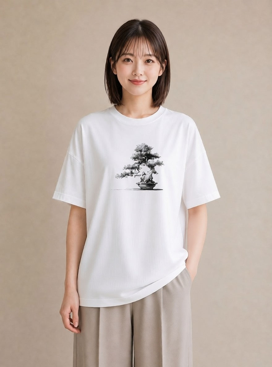 半袖Tシャツ レディース 盆栽 植物 ボタニカル イラスト ゆるかわ カジュアルコーデ 買い物 白T YMAZO