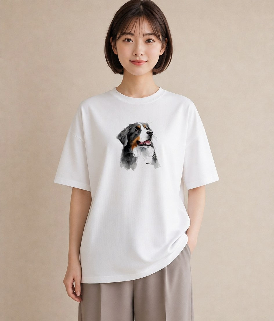 Tシャツ レディース バーニーズマウンテンドッグ 犬 いぬ イラスト ゆるコーデ ラフ レイヤード 白T YMAZO