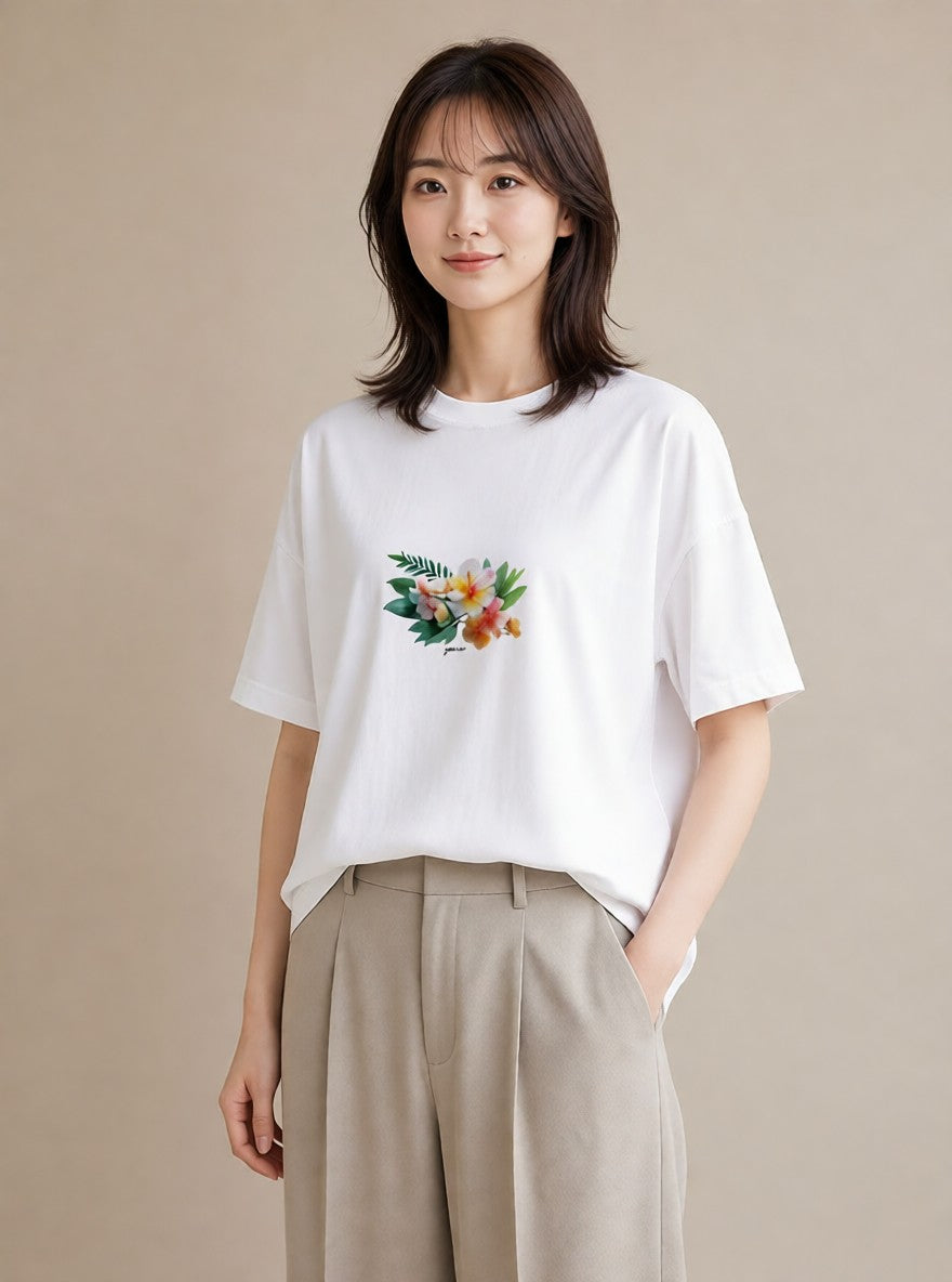 Tシャツ レディース ゆり 百合 花 花柄 イラスト 北欧風 旅行用 海 白T YMAZO