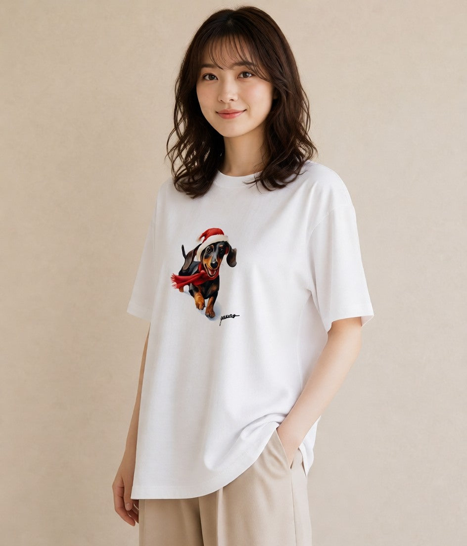 デザインTシャツ レディース ミニチュアダックスフンド 犬 いぬ イラスト モード ママ カフェ服 白T YMAZO