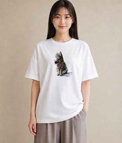 Tシャツ レディース サビ猫 猫 ねこ イラスト ガーリー カジュアルコーデ 買い物 白T YMAZO