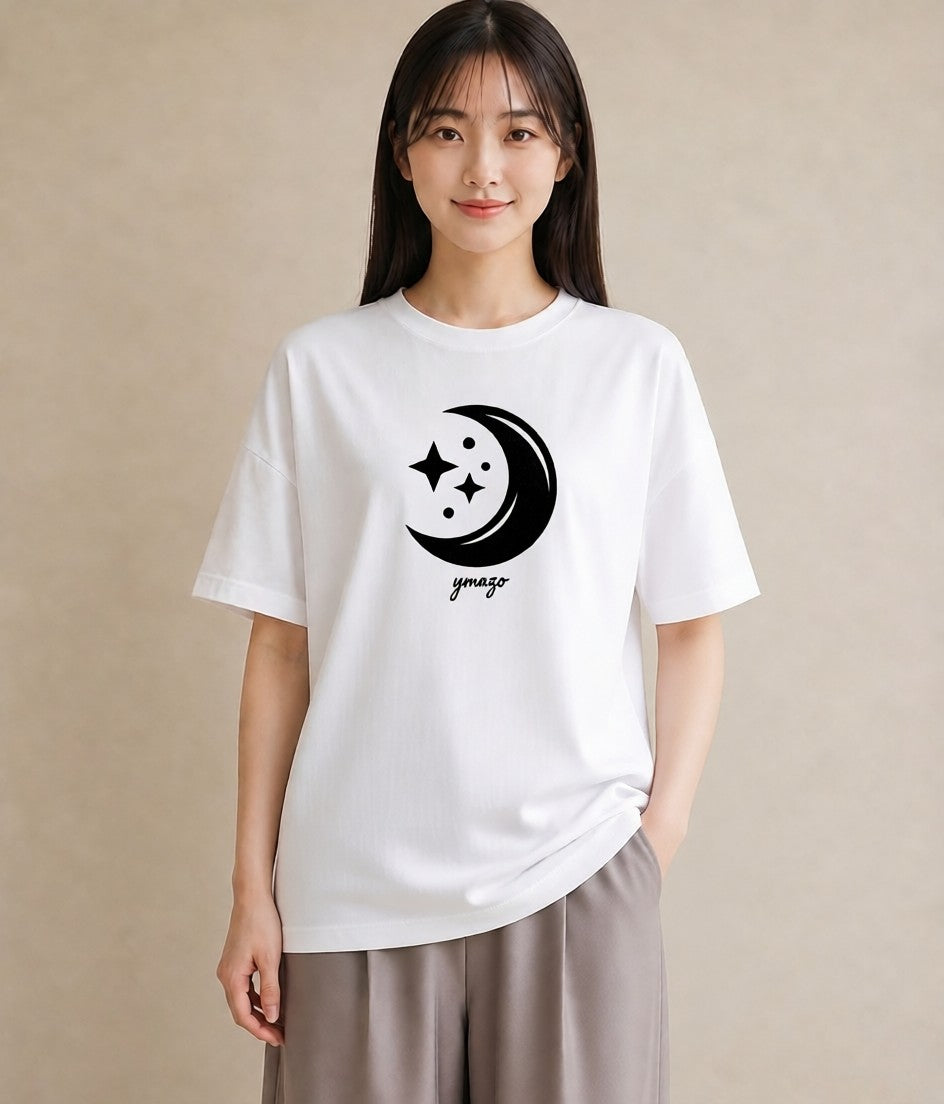 プリントTシャツ レディース 月と星 星空 ムーン イラスト 水彩風 お出かけ 普段着 白T YMAZO