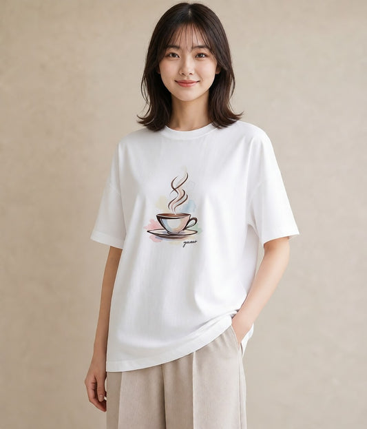 半袖Tシャツ レディース コーヒー カフェ 珈琲 イラスト ボタニカル 帰省 ラフ 白T YMAZO