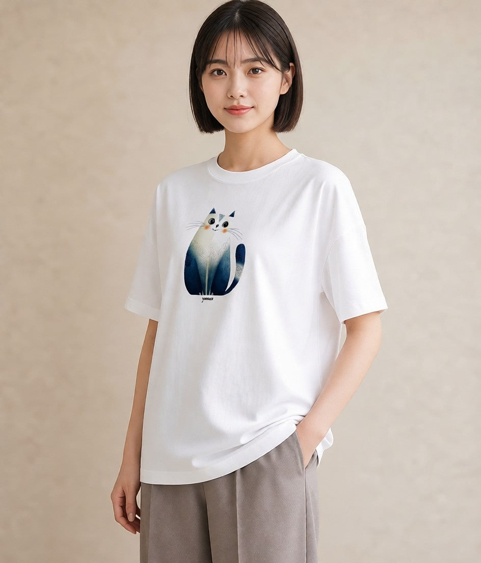 グラフィックTシャツ レディース スコティッシュフォールド 猫 ねこ イラスト ボタニカル 綿100 デート 白T YMAZO