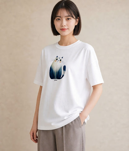 グラフィックTシャツ レディース スコティッシュフォールド 猫 ねこ イラスト ボタニカル 綿100 デート 白T YMAZO