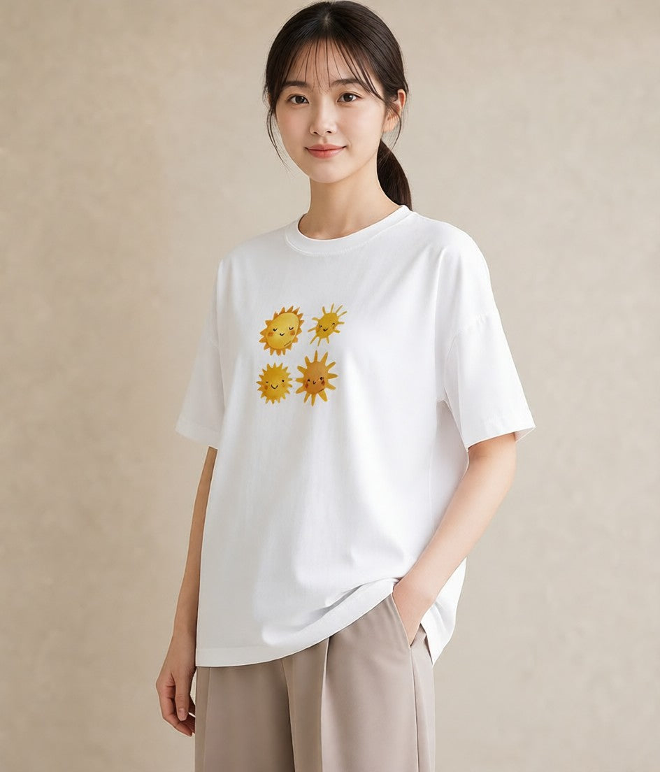 プリントTシャツ レディース 太陽 星空 宇宙 イラスト 普段使い 買い物 夏コーデ 白T YMAZO