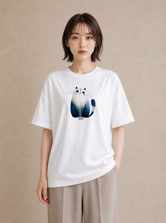 プリントTシャツ レディース 猫好き 猫 ねこ イラスト ミニマル 春服 ミセス 白T YMAZO