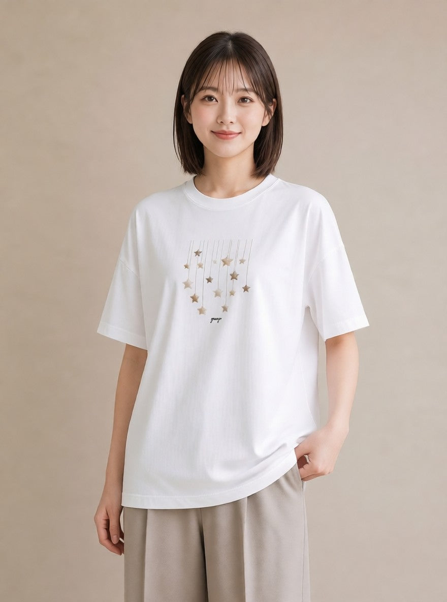 プリントTシャツ レディース スター 星空 宇宙 イラスト カジュアル 帰省 ラフ 白T YMAZO