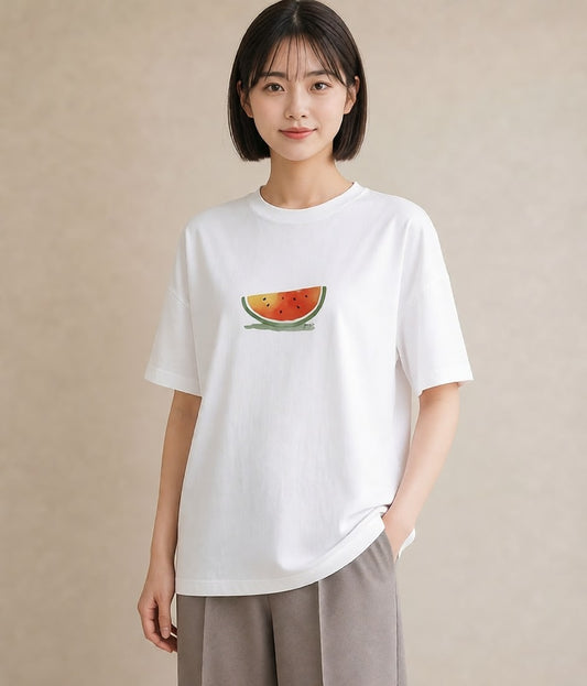 Tシャツ レディース すいか 食べ物 フード イラスト カジュアル 旅行 母娘コーデ 白T YMAZO