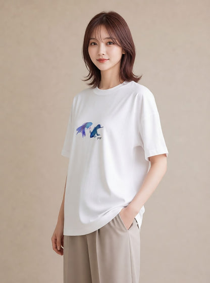 グラフィックTシャツ レディース グッピー ペット 動物 イラスト アート風 カジュアルコーデ 買い物 白T YMAZO