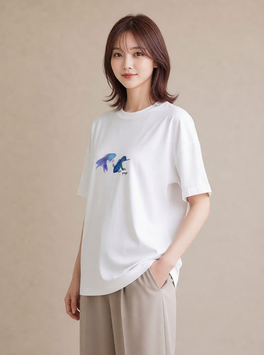 グラフィックTシャツ レディース グッピー ペット 動物 イラスト アート風 カジュアルコーデ 買い物 白T YMAZO