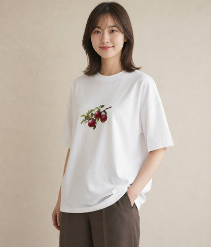 プリントTシャツ レディース りんご 林檎 アップル 食べ物 フード イラスト こなれ感 カフェ巡り 女子会 白T YMAZO
