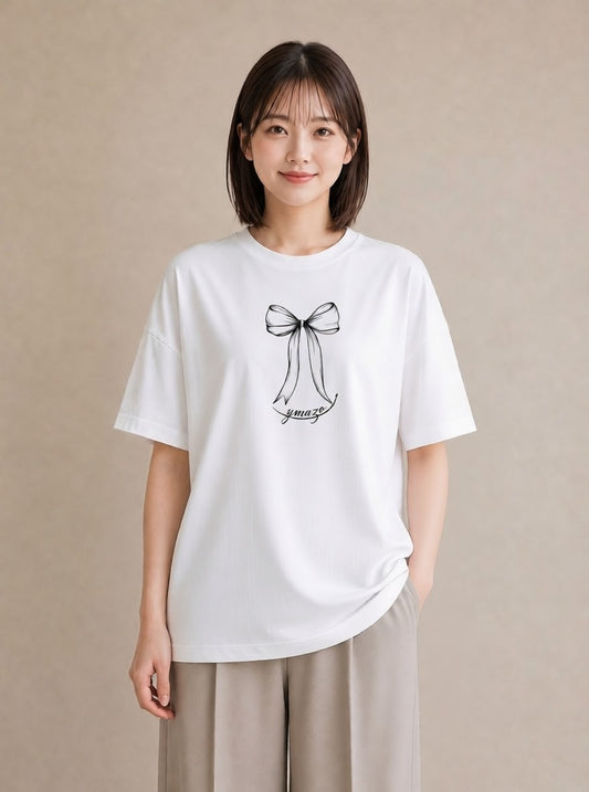 Tシャツ レディース リボン ボウ りぼん イラスト ヴィンテージ風 母の日 ビーチ 白T YMAZO